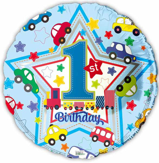 Happy 1st Birthday Blue Cars Train Stars Balloon (5/pk)