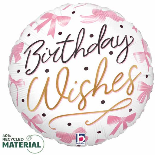 Pink Bow Birthday Wishes 18-Inch Round Foil Balloon