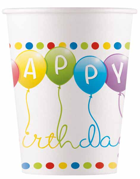 PAPER CUPS 7 OZ 8/PK HBDAY STREAMERS
