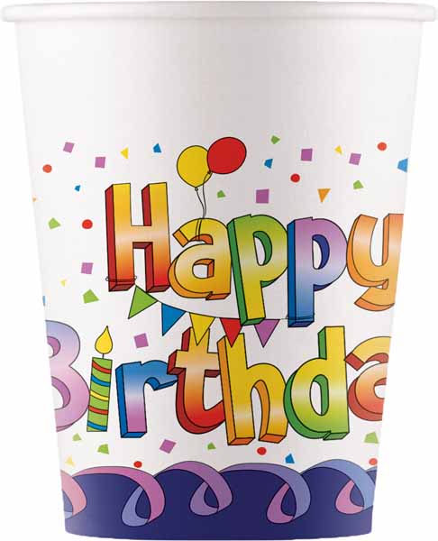 PAPER CUPS 7 OZ 8/PK MULTICOLOUR HBDAY