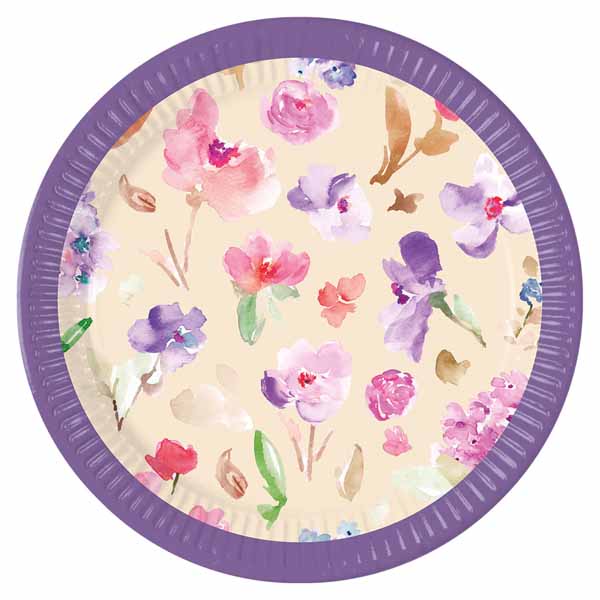 Watercolour Flowers 9-Inch Paper Plates, 8 Pack
