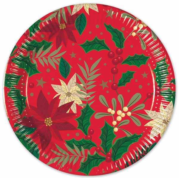 Holly & Poinsettia 9-Inch Paper Plates, 8 Pack