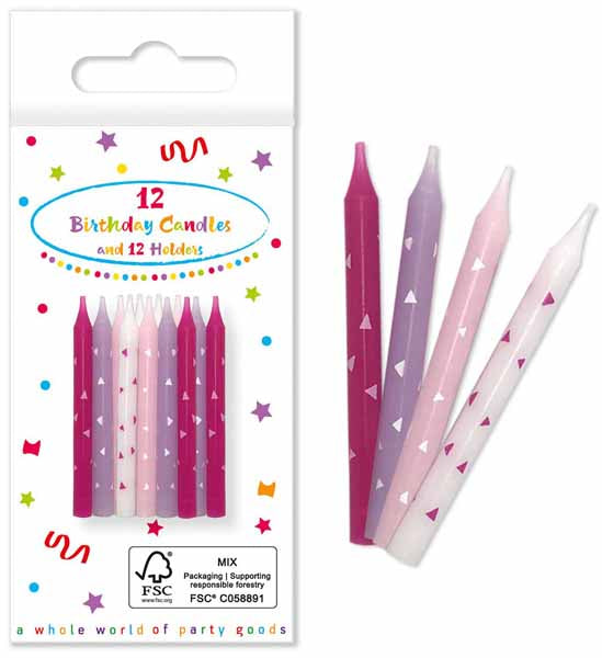 Pink Birthday Candles with Holders, 12 Pack