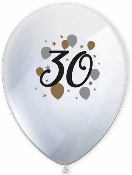 30th Birthday Printed Latex Balloons, 6 Pack