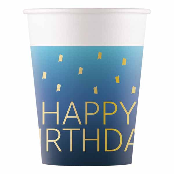 PAPER CUPS 7 OZ 8/PK GOLD HBDAY BLUE