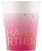 PAPER CUPS 7 OZ 8/PK GOLD HBDAY PINK