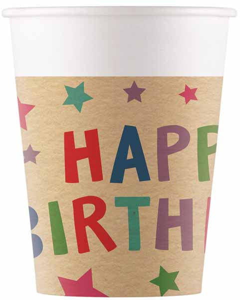 PAPER CUPS 7OZ 8/PK KRAFT HBDAY STARS