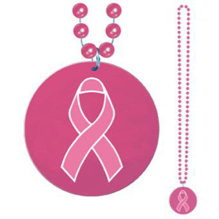 Printed Pink Ribbon Medallion Beads - 33" Length.