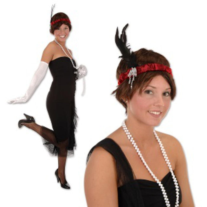 "Red Flapper Headband With Feather Accent"