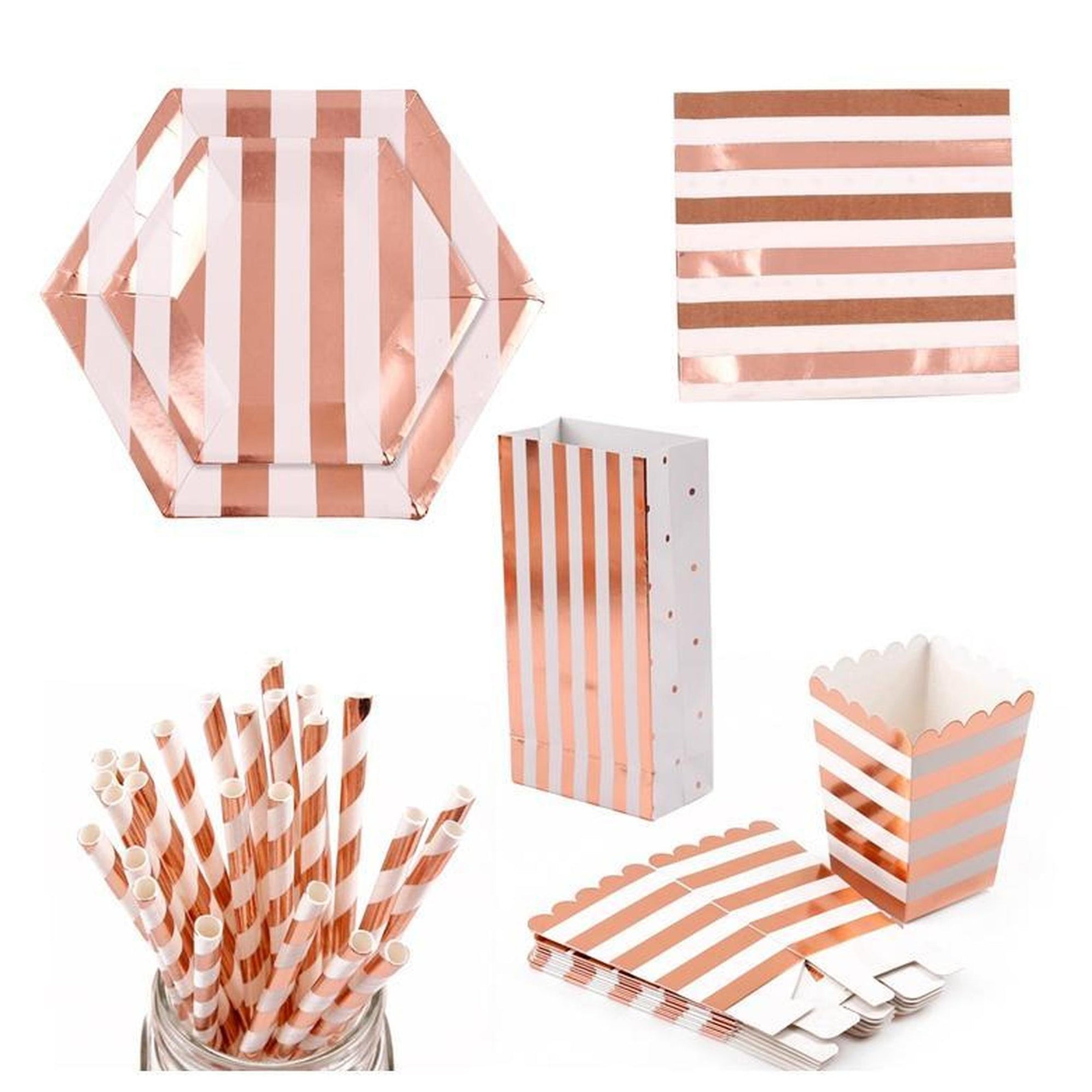 Rose Gold Party Tableware Set Stripes — Shimmer & Confetti