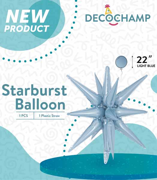 DecoChamp Light Blue Starburst Foil Balloon, 22 Inch