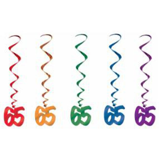 Colorful Celebration 65th Birthday Dangling Whirls in Multicolor Delight (5/Pk)
