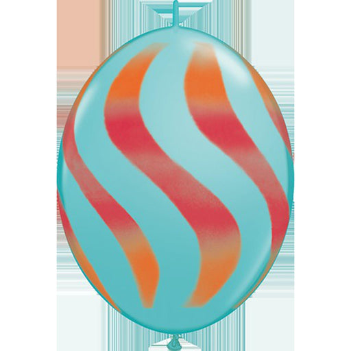 12" Quicklink Caribbean Blue With Orange/Red Wavy Stripes Latex Balloons (50/Pk)