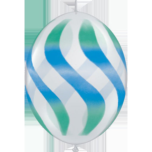12" Quicklink White With Green/Blue Wavy Stripes Latex Balloons (50/Pk)