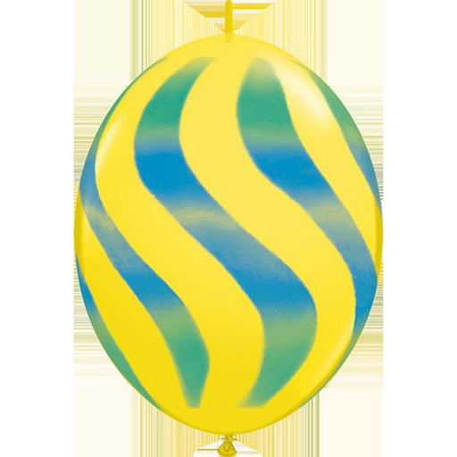 12" Quicklink Yellow With Green/Blue Wavy Stripes Latex Balloons