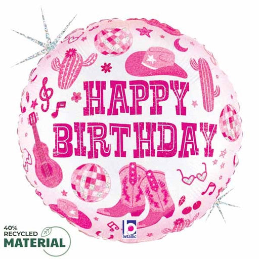 Disco Cowgirl Happy Birthday 18" Round Holographic Foil Balloon