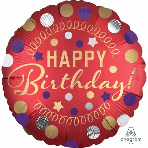 Red Satin Happy Birthday Round Foil Balloon, 18 Inch