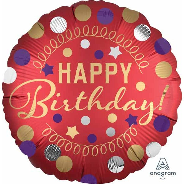 Red Satin Happy Birthday Round Foil Balloon, 18 Inch