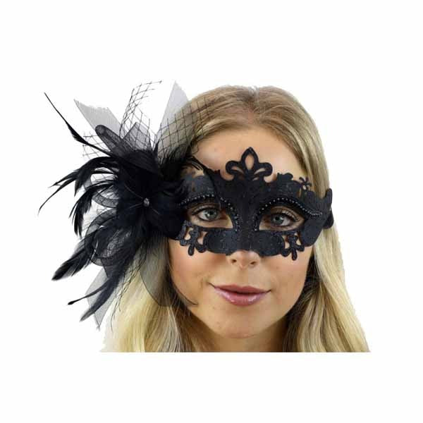 Black Feather Flower Masquerade Mask