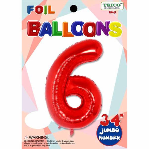 Red Number 6 Foil Balloon, 34 Inch