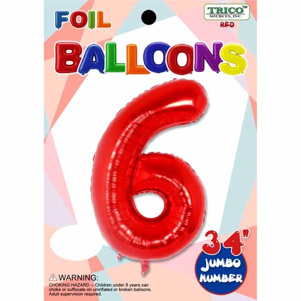 Red Number 6 Foil Balloon, 34 Inch