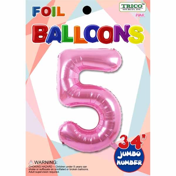 Pink Number 5 Foil Balloon, 34 Inch