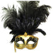 Black and Gold Feathered Venetian Mask with Stick