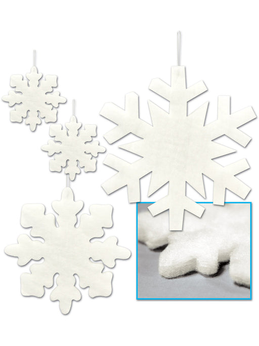 Assorted Christmas Snowflake Hanging Decorations - Fluffy White Ornaments (4/Pk)