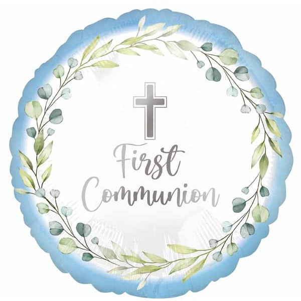 Blue First Communion Round Foil Balloon, 18 Inch
