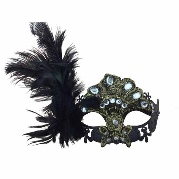 Black and Gold Gem Feather Masquerade Mask