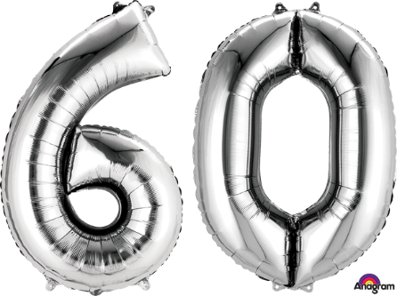 Silver Number 60 Foil Balloon, 34 Inch