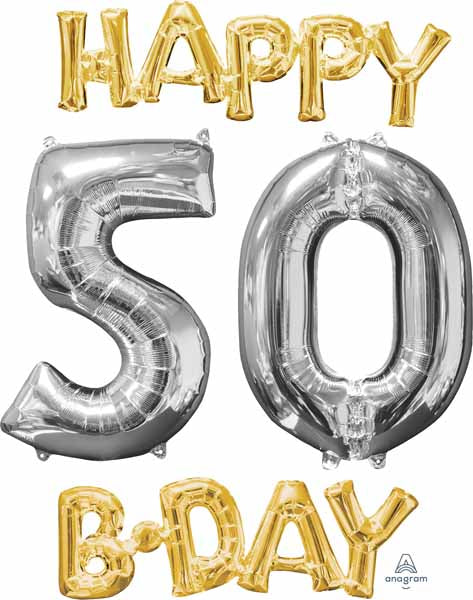Happy 50th Birthday Gold and Silver Foil Balloon