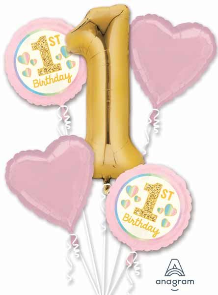 Pink & Gold Girl's 1st Birthday Foil Balloon Bouquet