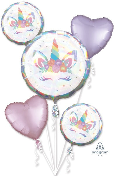 Unicorn Party Iridescent Foil Balloon Bouquet, 5 Balloons