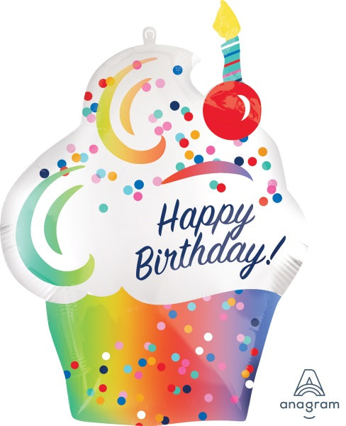 Happy Birthday Satin Ombré Cupcake Foil Balloon, 27 Inch