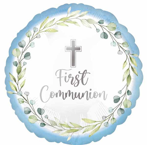 Blue First Communion Round Foil Balloon, 18 Inch