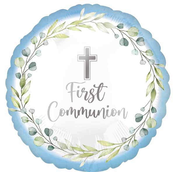 Blue First Communion Round Foil Balloon, 18 Inch