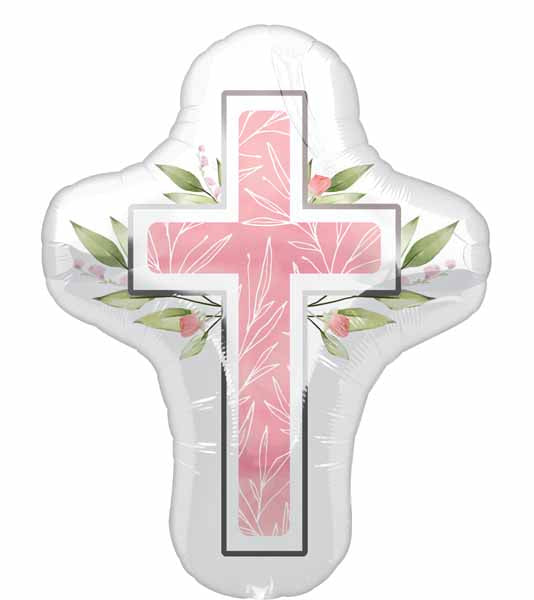 Pink First Communion Cross Foil Balloon, 28 Inch