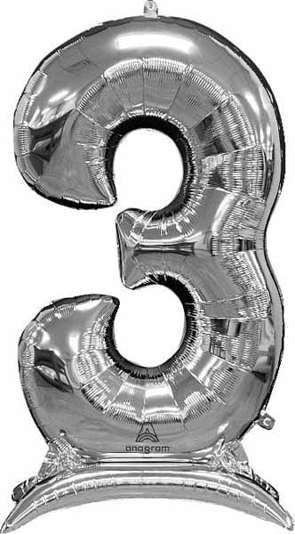 Silver Number 3 Stand-Up Balloon, 50 Inch