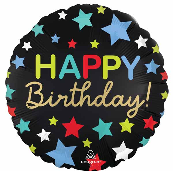 Satin Happy Birthday Stars 18-Inch Round Foil Balloon