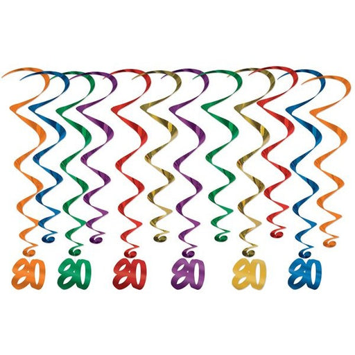 80th Birthday Assorted Hanging Whirls, 12 Pack