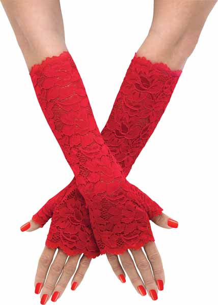 Red Long Stretch Lace Adult Mitts