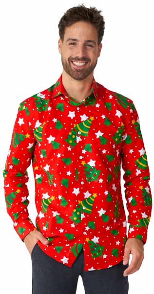 Suitmeister Men's Trees & Red Stars Christmas Shirt, XX-Large