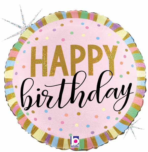 Pastel Stripes Happy Birthday Holographic Foil Balloon, 18 Inch