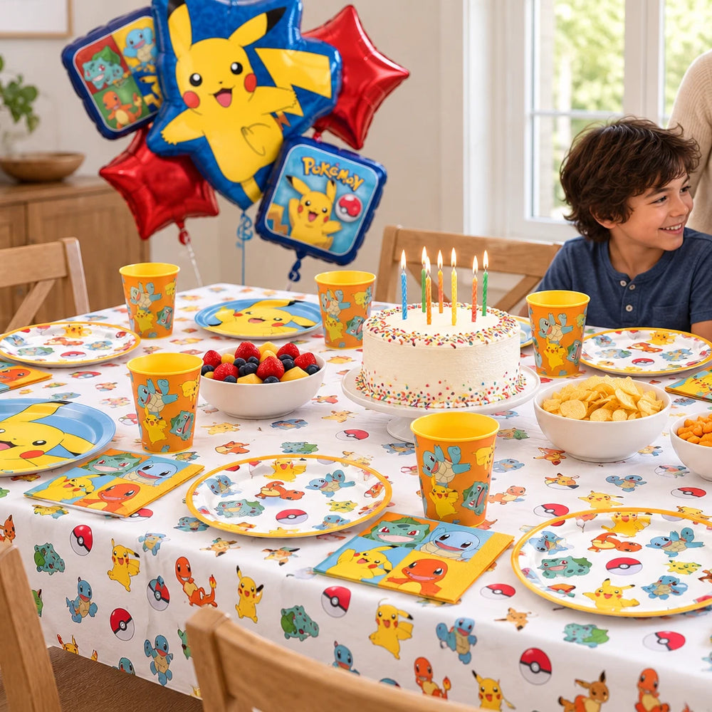 Pokémon birthday party table with plates, cups, napkins, tablecover and balloon bouquet