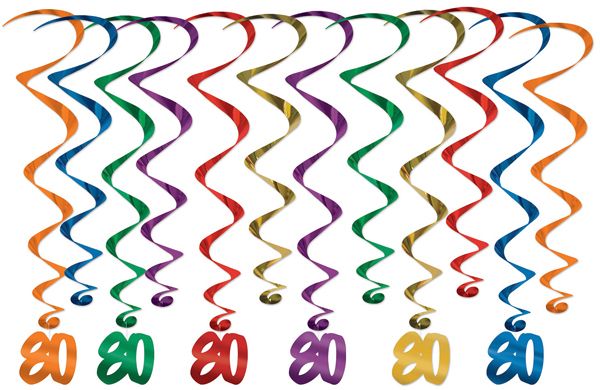 80th Birthday Assorted Hanging Whirls, 12 Pack