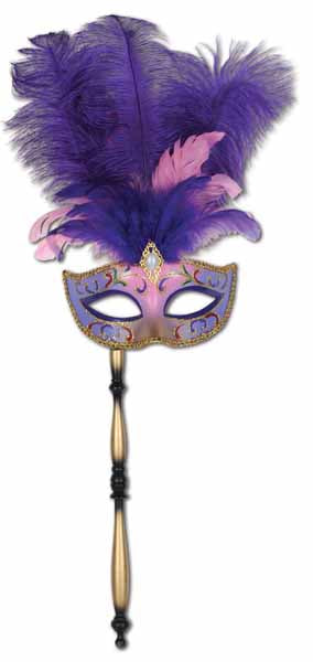 Glittered Feathered Mardi Gras Mask with Stick