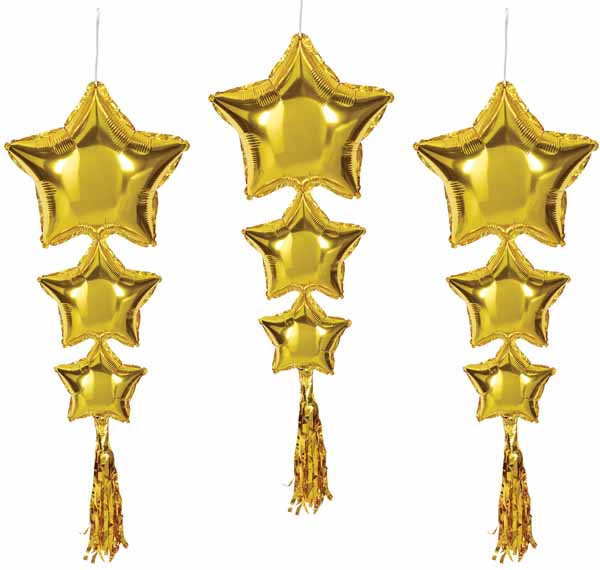 Gold Star Balloons with Tassels, 3 Pack
