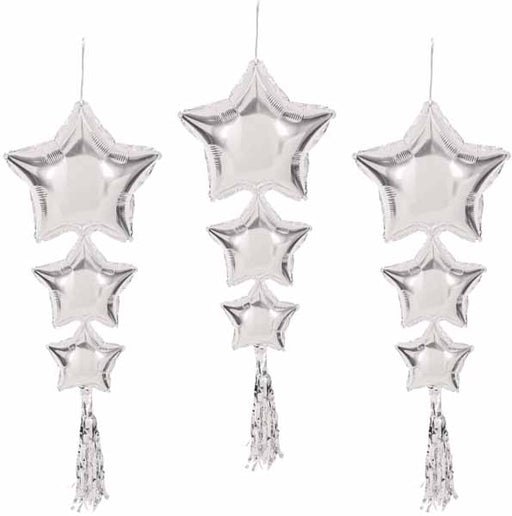 Silver Star Balloons with Tassels, 3 Pack