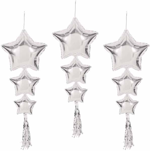 Silver Star Balloons with Tassels, 3 Pack